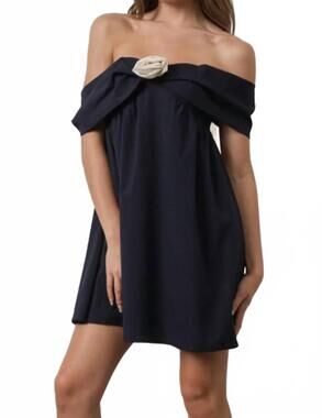 NEW PRETTY GARBAGE rosette off shoulder mini dress in navy